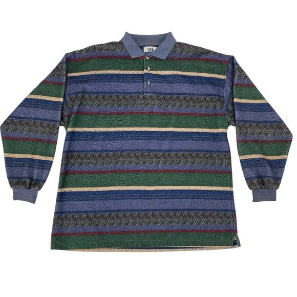 Vintage 90’s Fleece 1/4 Button Shirt Denim Express Stripe Polo Large - Picture 1 of 7